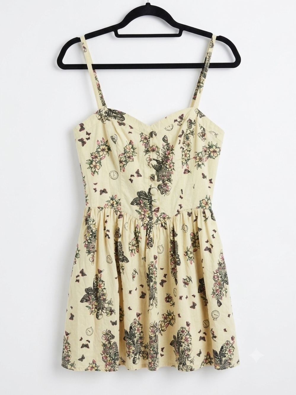 Hell Bunny Cream Floral Mini Dress with Florals, Clocks and Skull Print